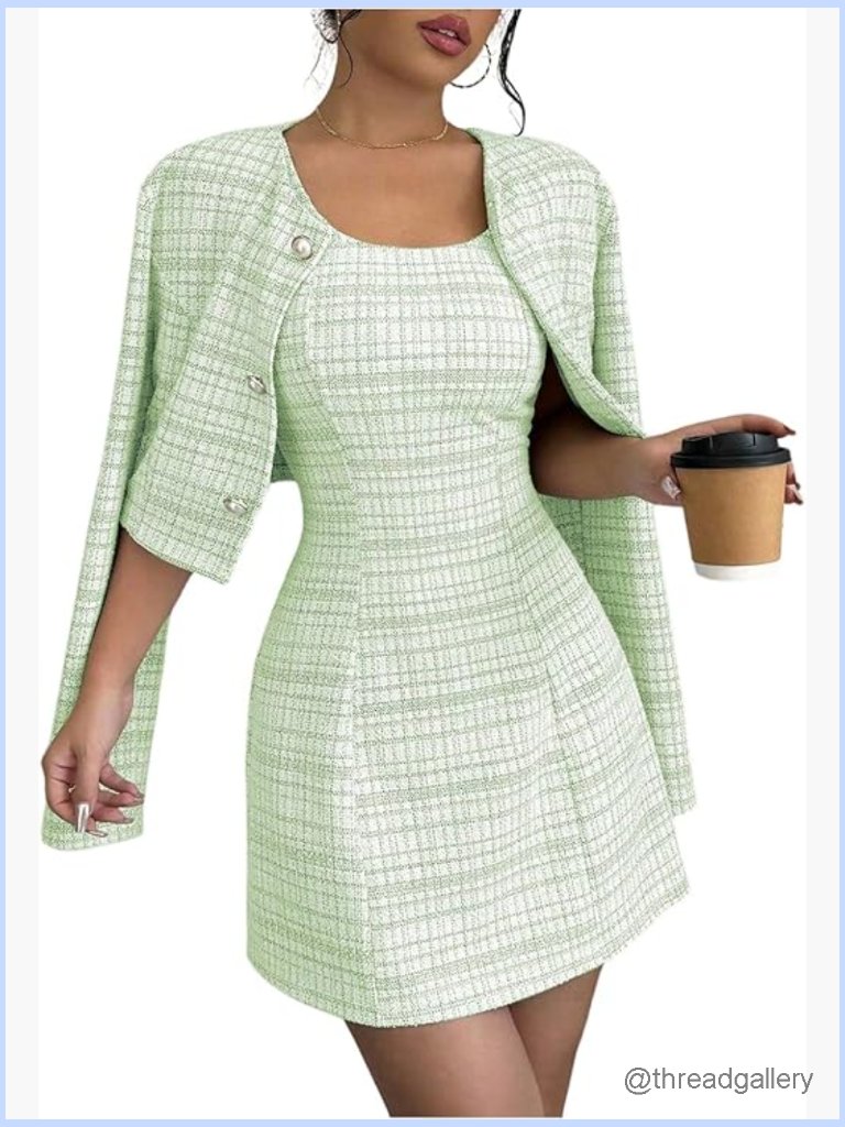 2-Piece Plaid Jacket & Mini Dress Set - Soft Stretch